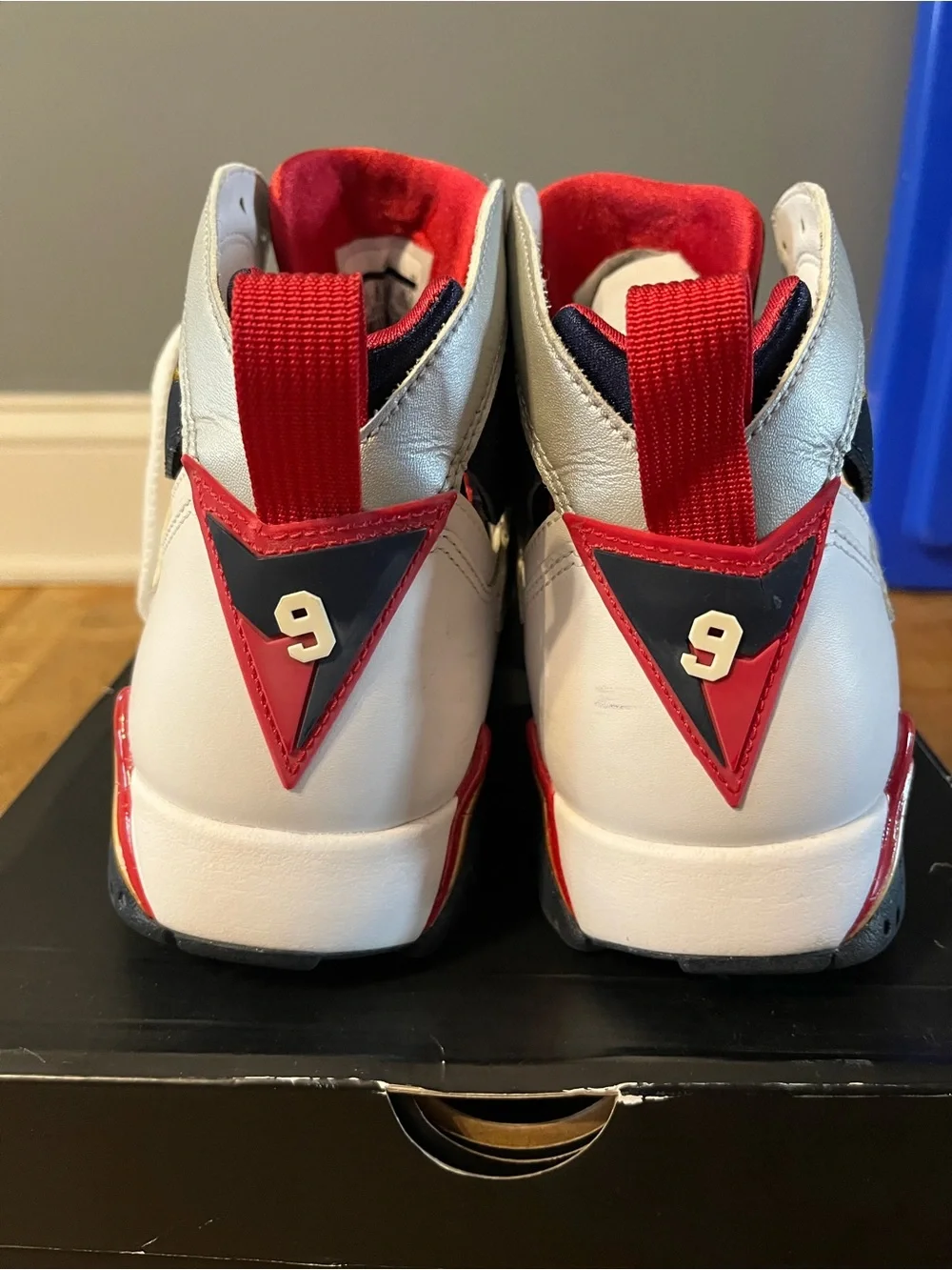 Jordan White Silver Navy Sneakers with Red & Gold Accents